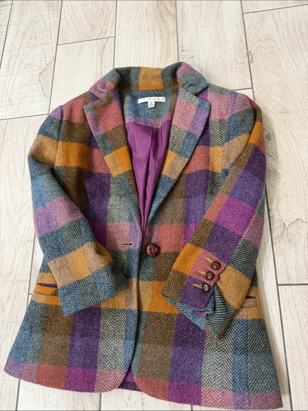 CAbi Plaid Wool-Blend Blazer in Purple, Tan, Teal